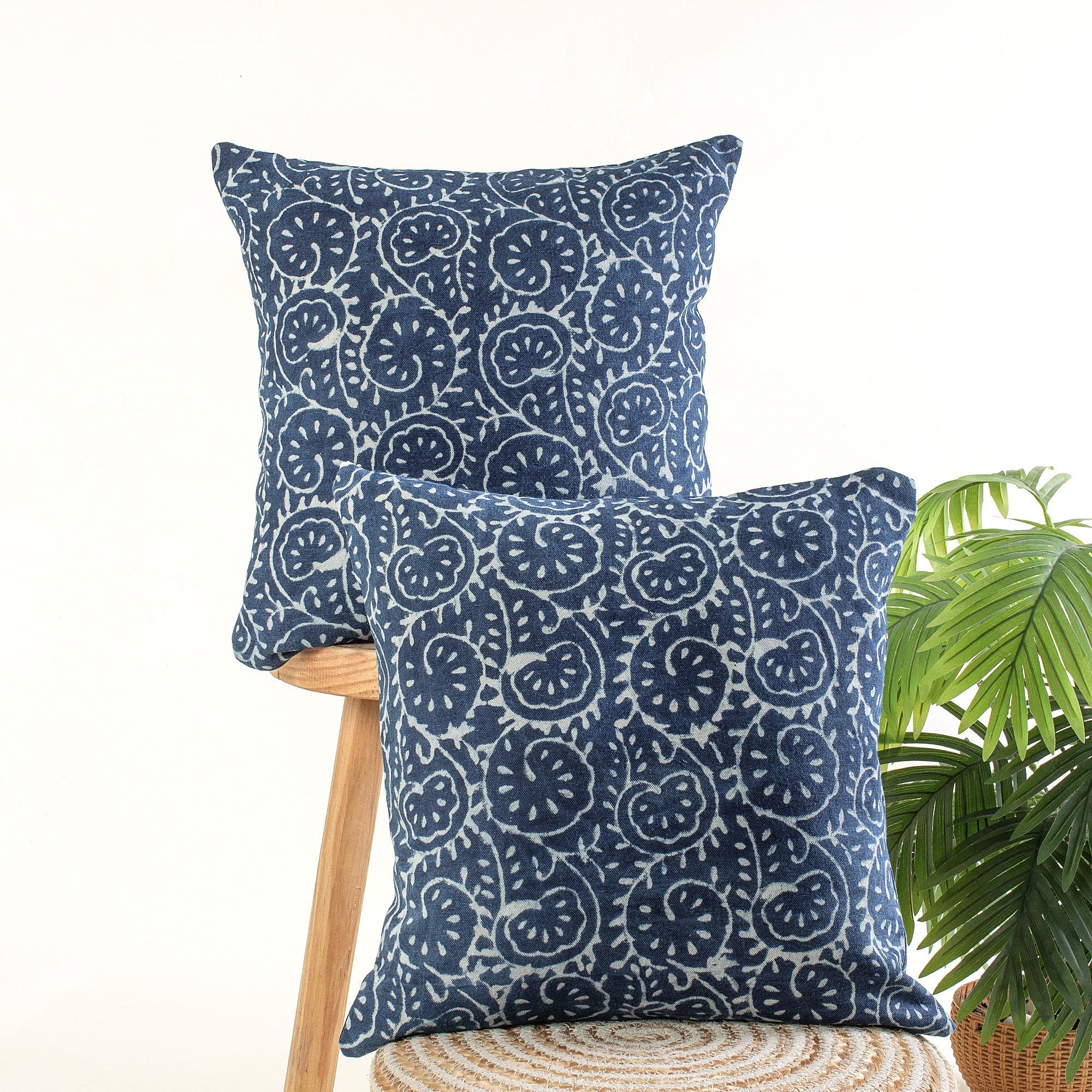 Hand Block Print Cotton Indigo Canvas Cushion Cover